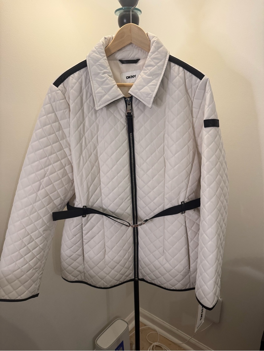 DKNY White Quilted Puffer Jacket with Black Trim
